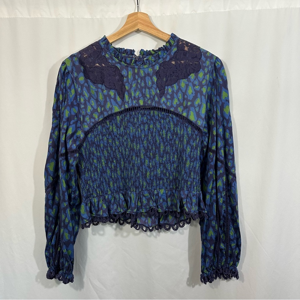 Farm Rio Leopard Pop Smocked Embroidered Lace Long Sleeve Peplum Top - Picture 5 of 14